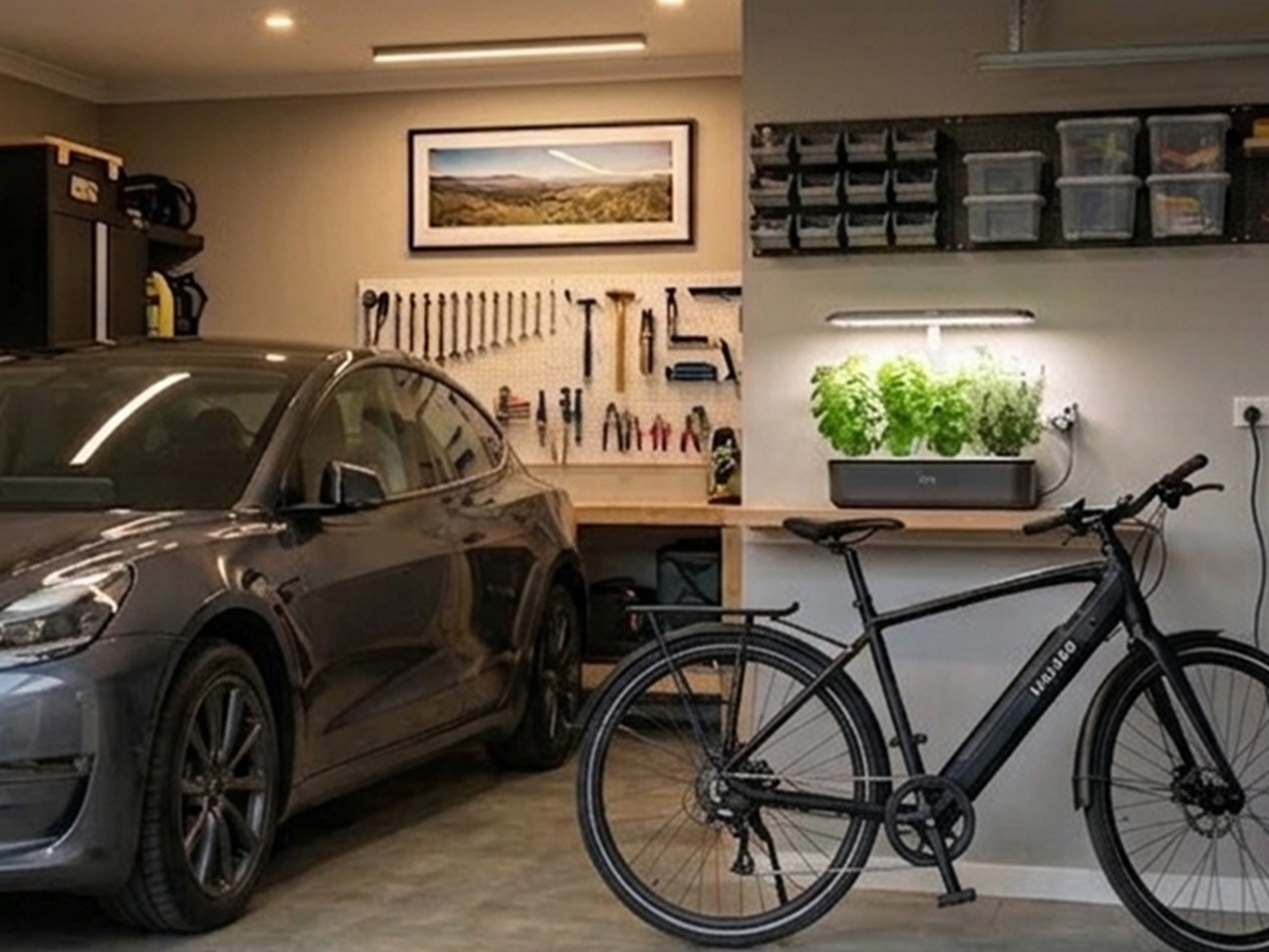 Finished Australian garage workshop with wireless control, e-bike charging and hydroponic herb appliance