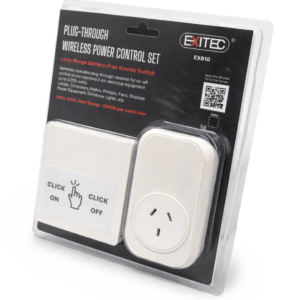 Exitec EX810 plug-through wireless power control set with battery-free kinetic switch and receiver, suitable for standard 3-pin electrical equipment.